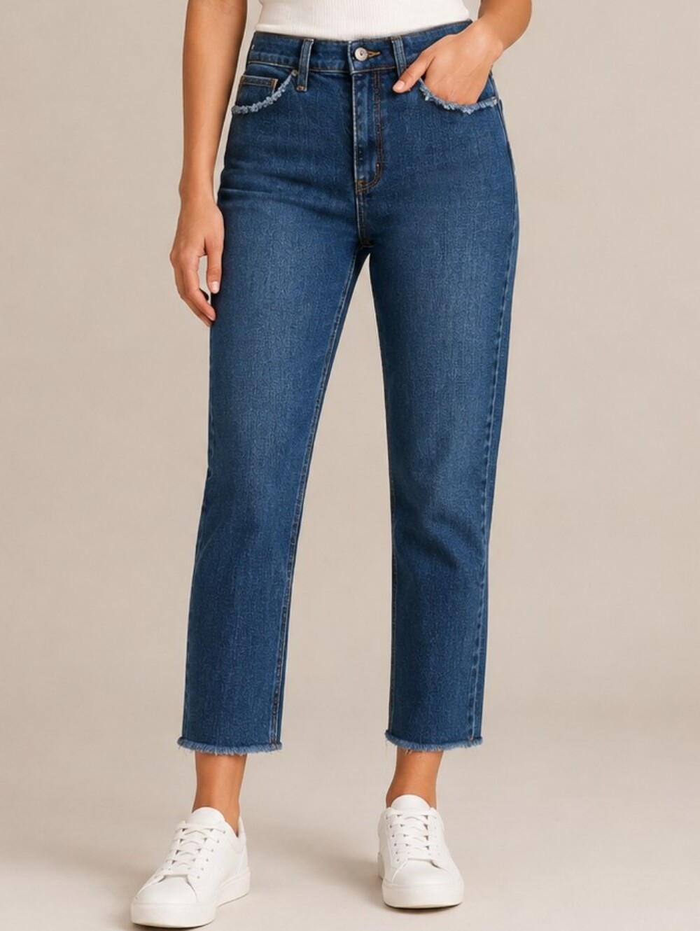 Tory Burch Mid-Rise Straight Leg Cropped Jeans Blue Womens 29 Distressed Raw Hem